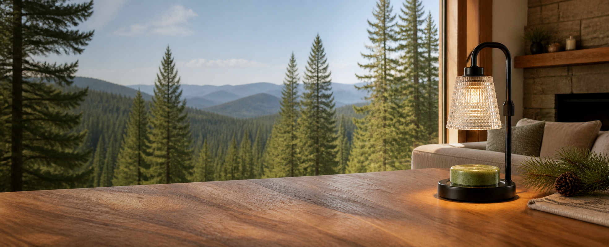 Green pine-wax disk warming beneath a glass-shade lamp beside a window overlooking pine-covered mountains.